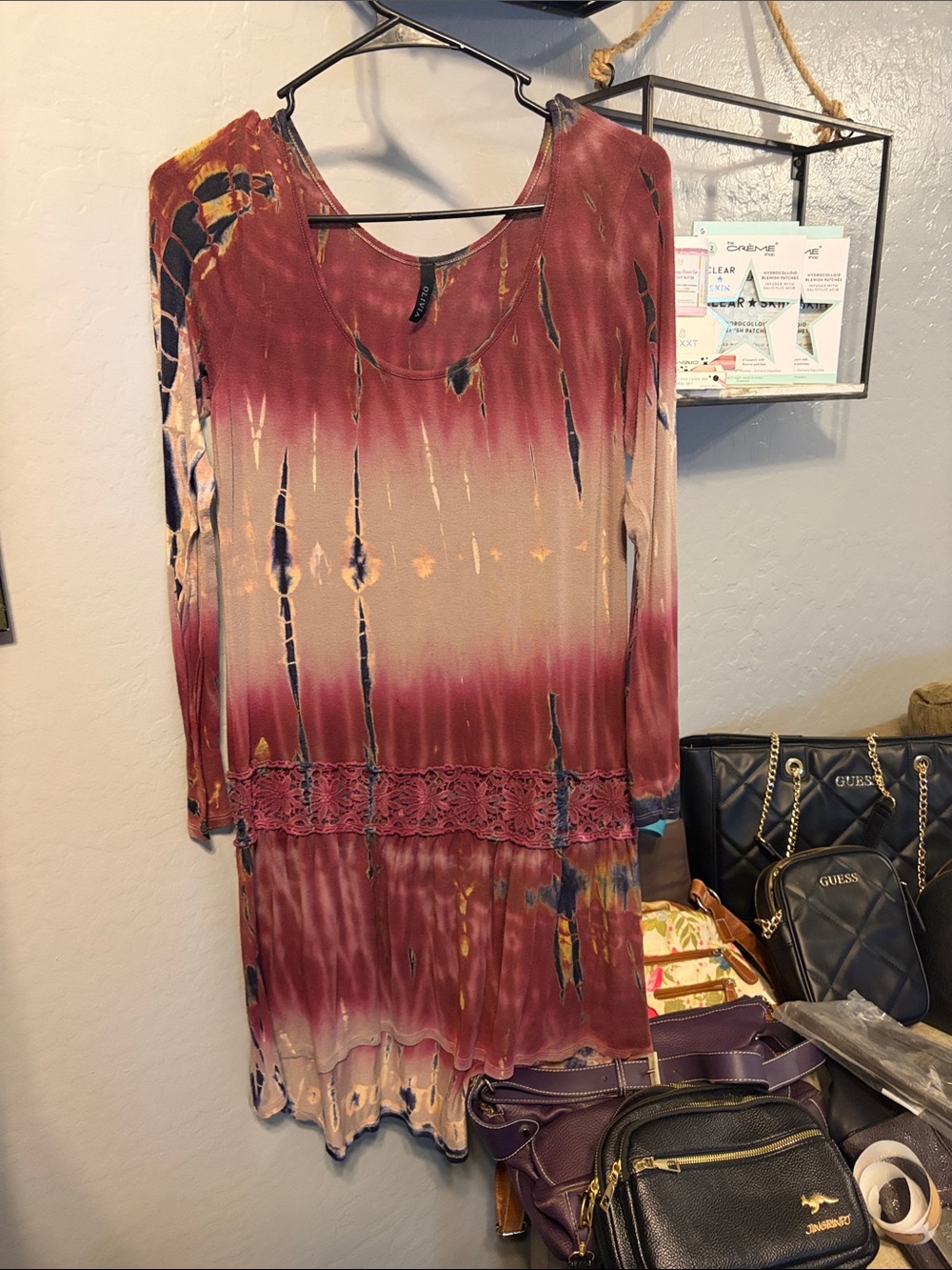 Olivia Sky Maroon Tie-Dye Long Sleeve Dress with Lace Waistband